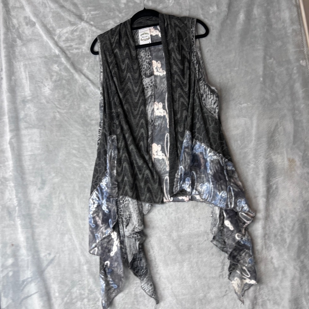 Fleur de Lis Womens Boho Mixed Print Handkerchief Hem Open Front Vest Small - Picture 9 of 10